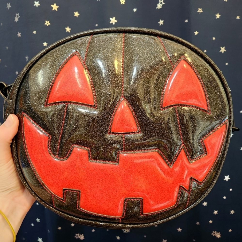 Black and red glitter love pain and stitches smiley pumpkin crossbody bag
